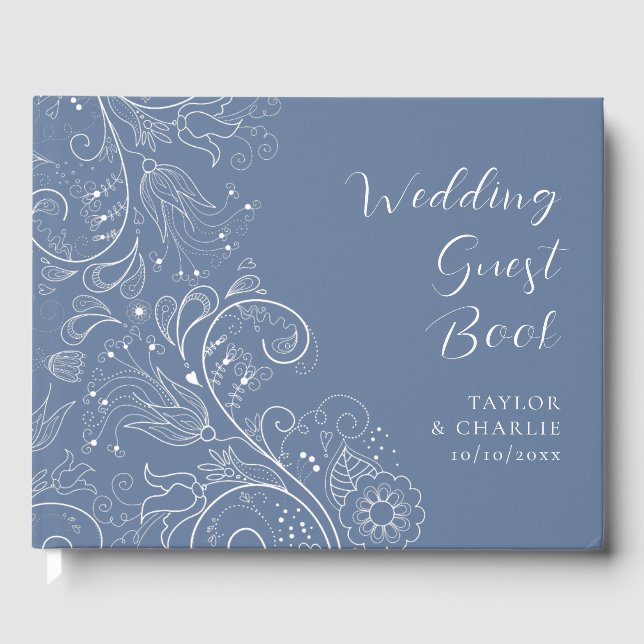 Dusty Blue Elegante Blumenhochzeit Gästebuch (Vorderseite)