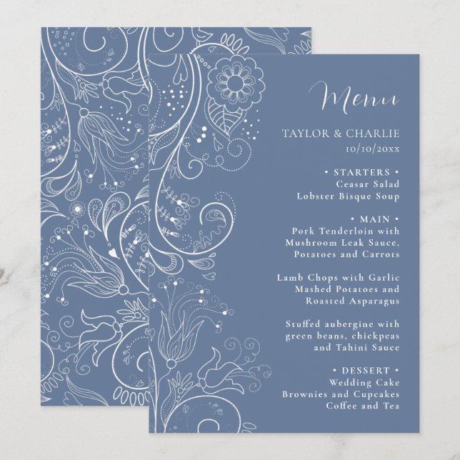 Dusty Blue Elegante Blumenhochzeit Menükarte (Vorne/Hinten)