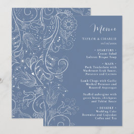 Dusty Blue Elegante Blumenhochzeit Menükarte