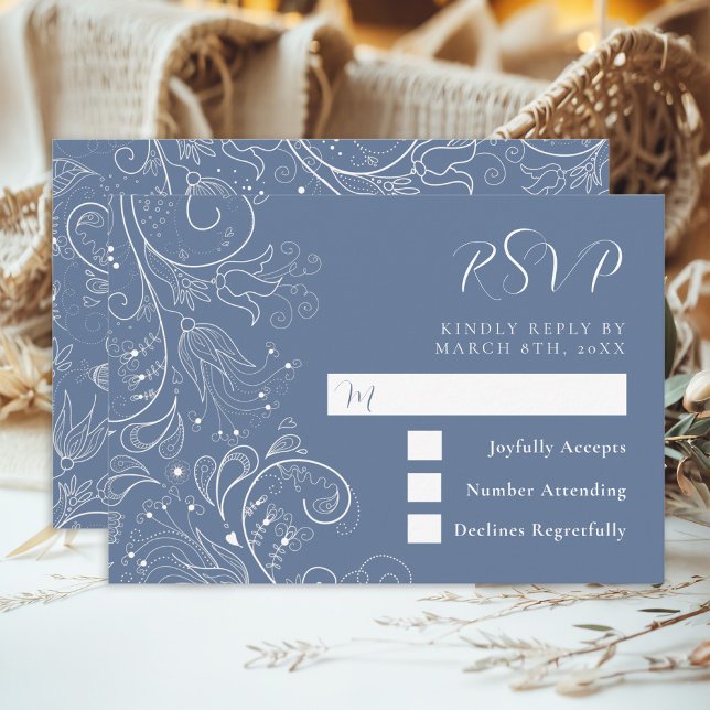 Dusty Blue Elegante Blumenhochzeit RSVP Karte (Von Creator hochgeladen)
