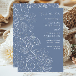 Dusty Blue Elegante Blumenhochzeit Save The Date