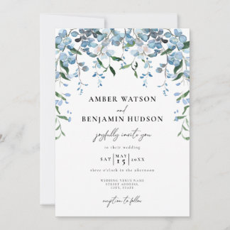 Dusty Blue Elegante Blumenwasser Hochzeit Einladung