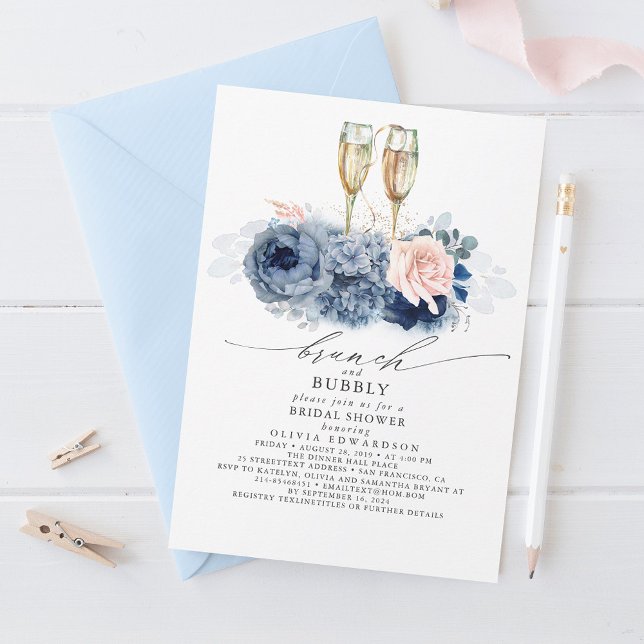Dusty Blue Elegante Brunch und Bubbly Brautparty Einladung (Von Creator hochgeladen)
