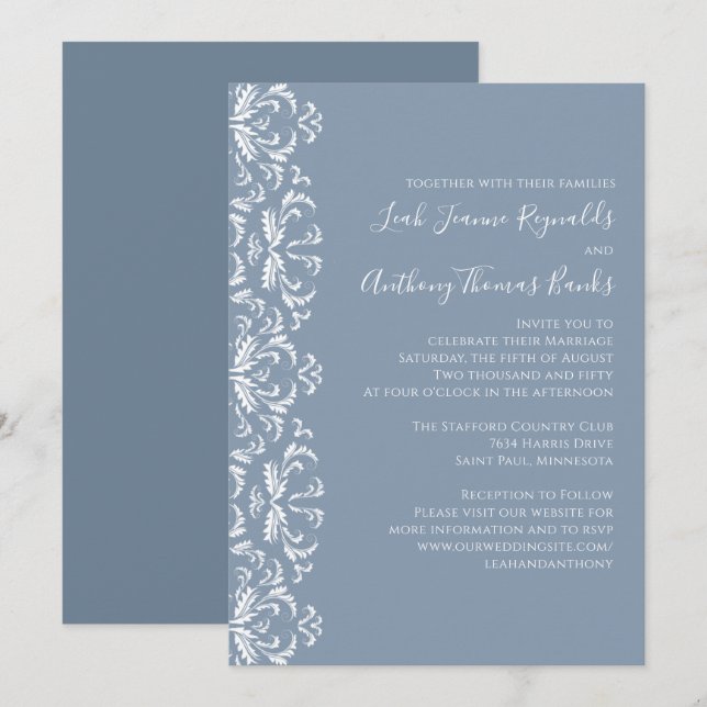 Dusty Blue Elegante Damask Einladung (Vorne/Hinten)