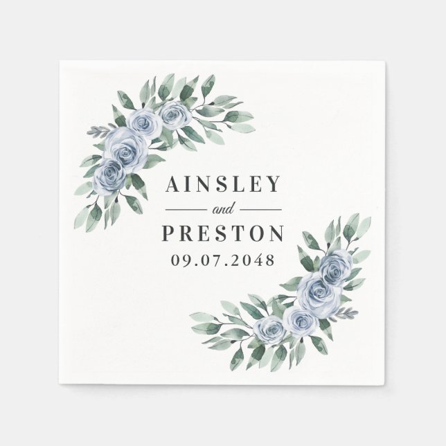 Dusty Blue Elegante Floral Boho Rose Rustikale Hoc Serviette (Vorderseite)