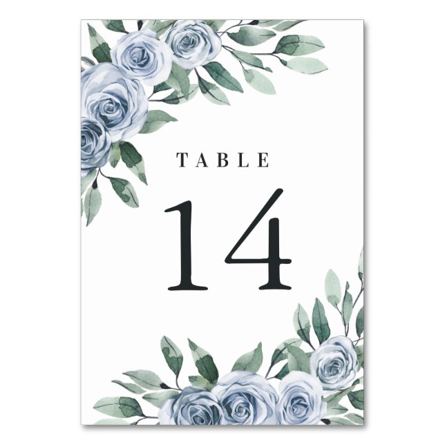 Dusty Blue Elegante Floral Boho Rose Rustikale Hoc Tischnummer (Vorderseite)