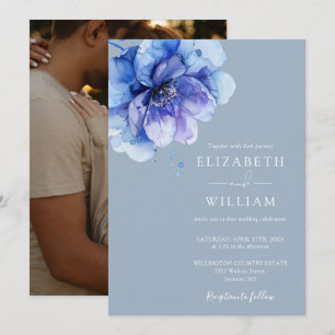 Dusty Blue Elegante Foto Hochzeit mit floralen Wat Einladung