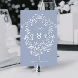 Dusty Blue Elegante French Floral Wappen Tischnummer<br><div class="desc">Klassische französische Tischnummer mit viktorianisch blühendem Wappen. Für eine weiter gehende Anpassung dieses Designs klicken Sie bitte auf die Schaltfläche "DESIGN TOOL" oben!</div>