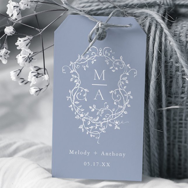 Dusty Blue Elegante French Floral Wappen Wedding Geschenkanhänger (Von Creator hochgeladen)
