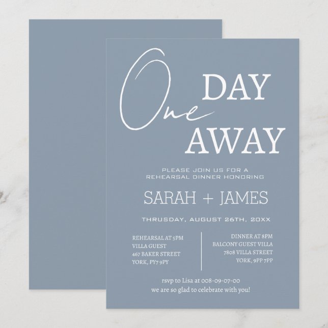 Dusty Blue Elegante One Day Away Probe Dinner Einladung (Vorne/Hinten)