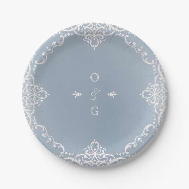 Dusty blue elegante romantische Vintage Hochzeit Pappteller (Vorderseite)