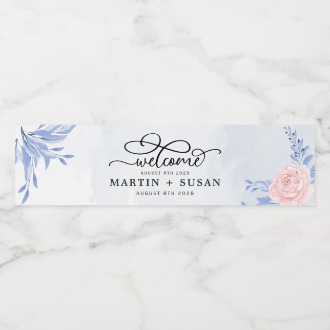 Dusty Blue Elegante Rosa Flora Rustikale Hochzeit (Einzelnes Label)