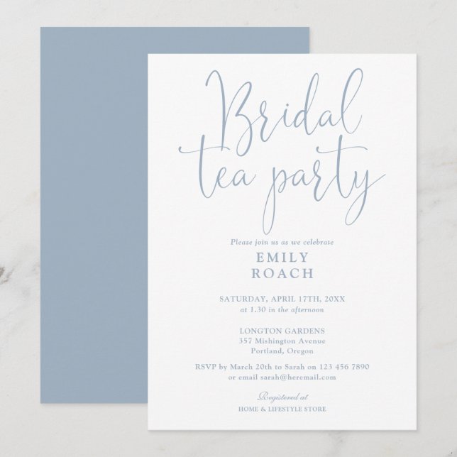 Dusty Blue Elegante Script Bridal Tea Party Dusche Einladung (Vorne/Hinten)