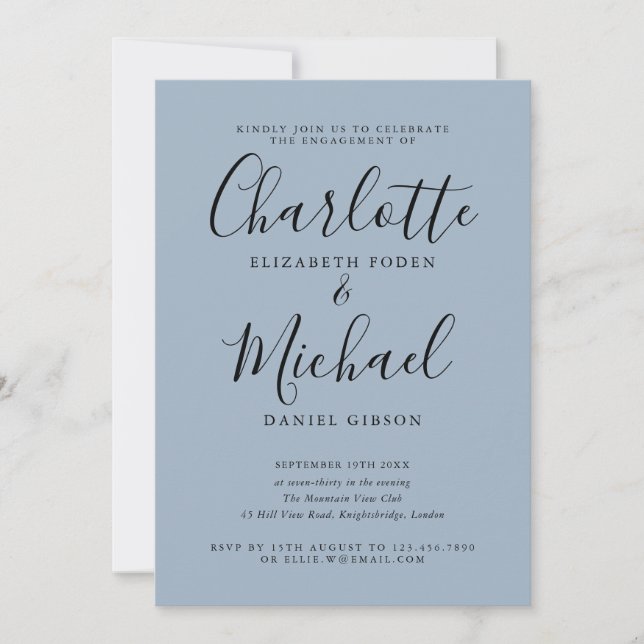 Dusty Blue Elegante Script Engagement Party Einladung (Vorderseite)