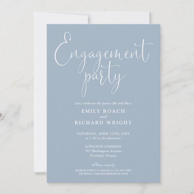 Dusty Blue Elegante Script Engagement Party Einladung (Vorderseite)
