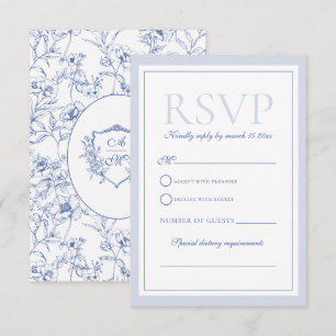 Dusty Blue Elegante Vintage Rose Wappen Hochzeit RSVP Karte