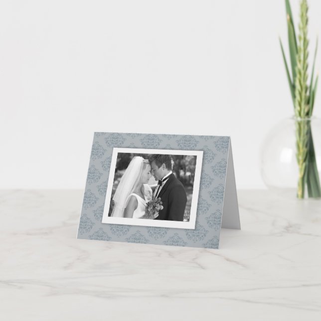 Dusty Blue elegantes Damask Foto Vielen Dank Dankeskarte (Vorderseite)