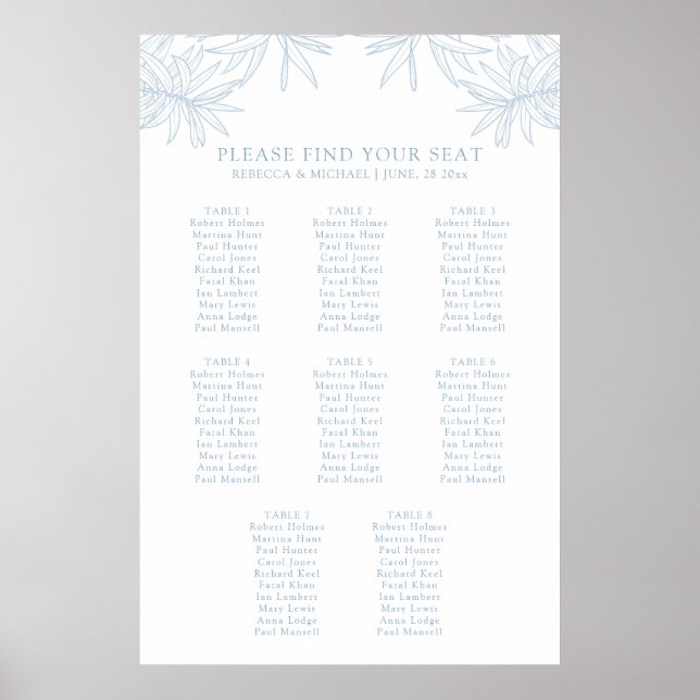 Dusty Blue Eleganto Botanical Seating Chart Poster (Vorne)