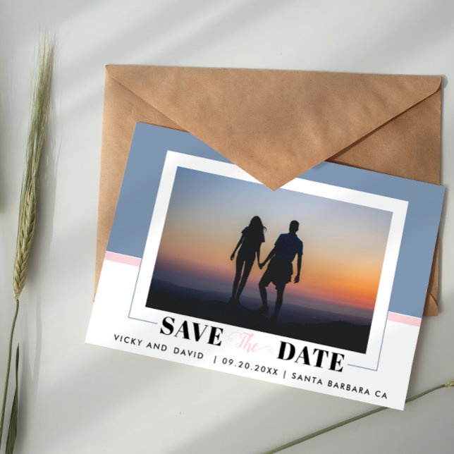 Dusty blue, errush pink wedding Save the Date Foto Postkarte (Von Creator hochgeladen)
