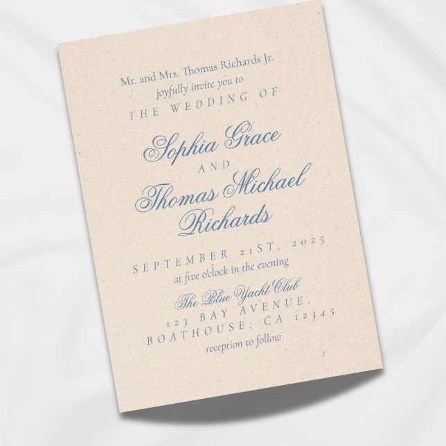 Dusty Blue et blanc Elégant Mariage Invitation (Invite guests to your elegant ceremony with this script, dusty blue invitation!)