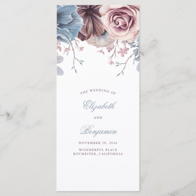 Dusty Blue et Mauve Floral Wedding Programmes (Devant)