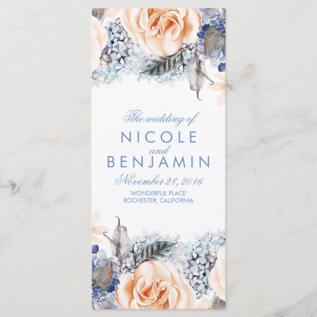Dusty Blue et Peach Floral Wedding Programmes (Devant)