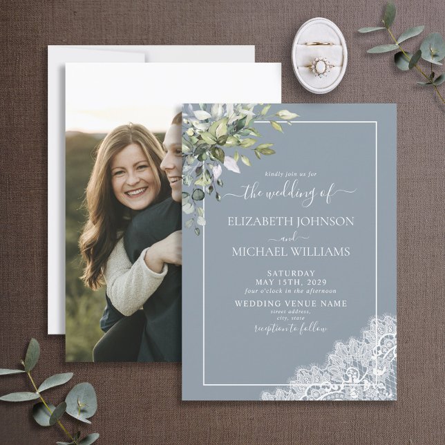 Dusty Blue Eucalyptus Botanical Foto Wedding Einladung (Von Creator hochgeladen)