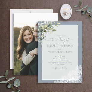 Dusty Blue Eucalyptus Botanical Wood Foto Wedding Einladung