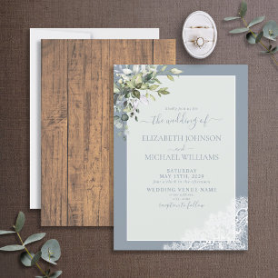 Dusty Blue Eucalyptus Botanical Wood Wedding Einladung