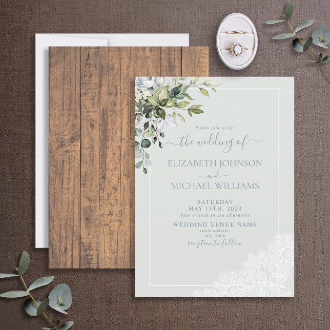 Dusty Blue Eucalyptus Botanical Wood Wedding Einladung (Von Creator hochgeladen)