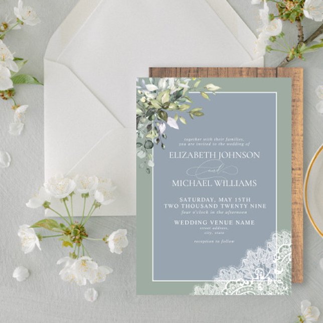 Dusty Blue Eucalyptus Botanical Wood Wedding Invi Einladung (Von Creator hochgeladen)