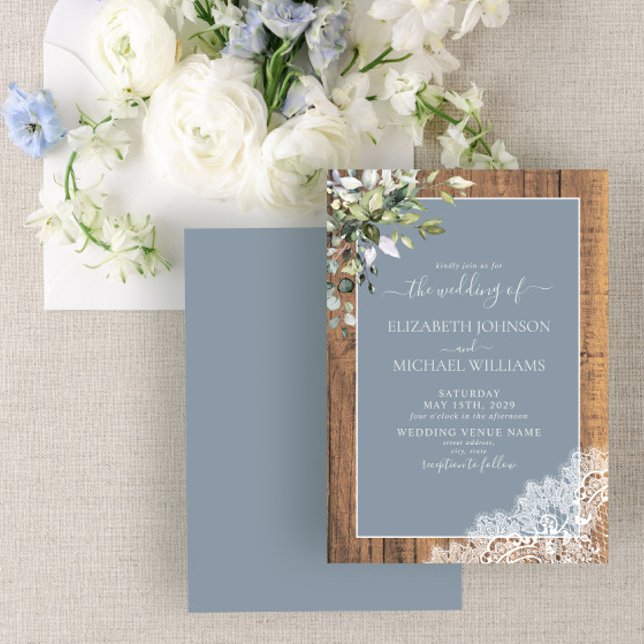 Dusty Blue Eucalyptus Botanical Wood Wedding Invit Einladung (Von Creator hochgeladen)