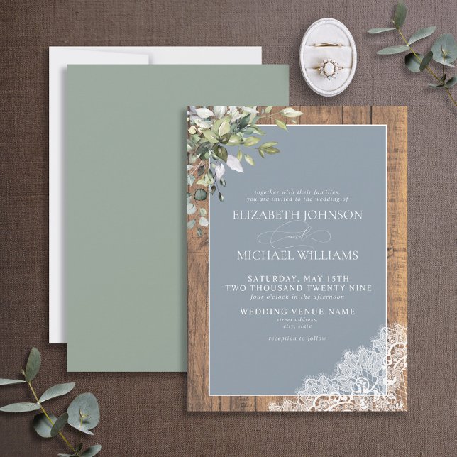 Dusty Blue Eucalyptus Botanical Wood Wedding Invit Einladung (Von Creator hochgeladen)