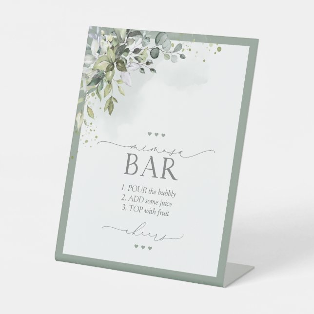 Dusty Blue Eucalyptus Brautparty Mimosa Bar Sockelschild (Vorderseite)