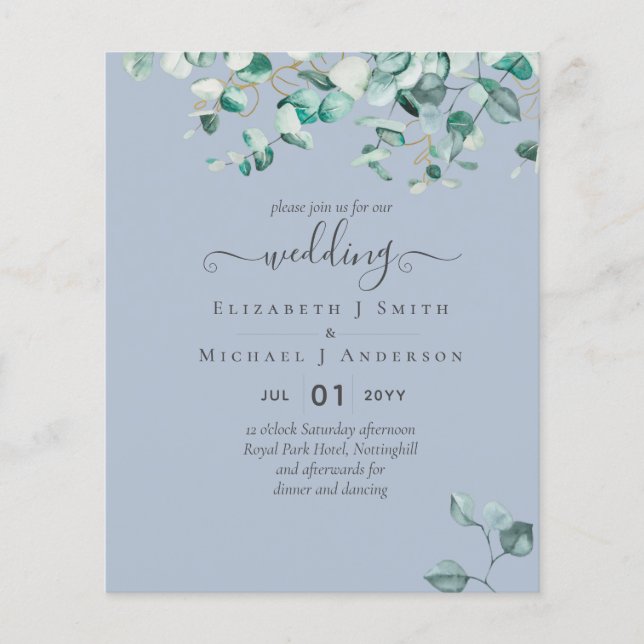 Dusty Blue Eucalyptus BUDGET Einladung zur Hochzei Flyer (Vorne)