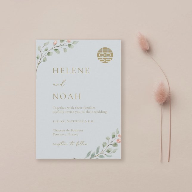 Dusty Blue Eucalyptus Elegante Chinese Wedding Einladung (Von Creator hochgeladen)