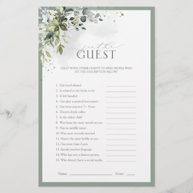 Dusty Blue Eucalyptus Floral Brautparty Game (Vorderseite)