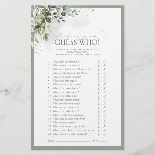 Dusty Blue Eucalyptus Floral Brautparty Game (Vorderseite)