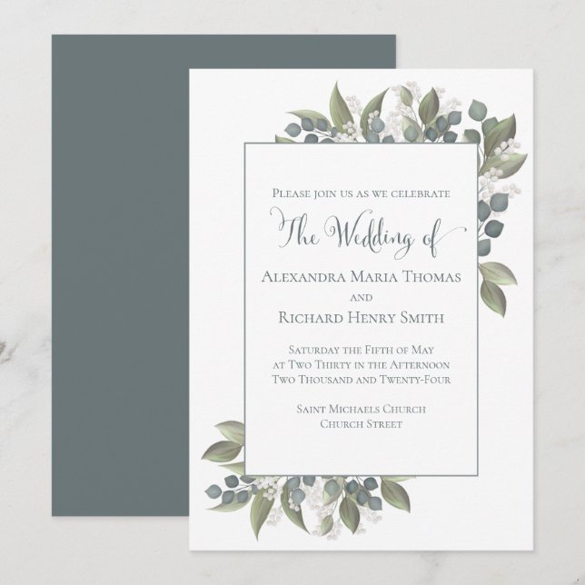 Dusty Blue Eucalyptus Foliage Greenery Elegant Einladung (Vorne/Hinten)