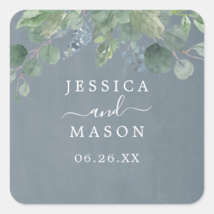 Dusty Blue Eucalyptus Gastgeschenk Hochzeit Sticke Quadratischer Aufkleber