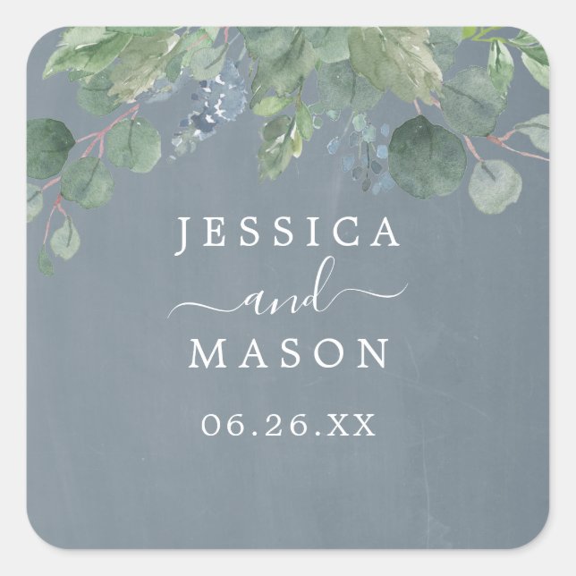 Dusty Blue Eucalyptus Gastgeschenk Hochzeit Sticke Quadratischer Aufkleber (Vorderseite)