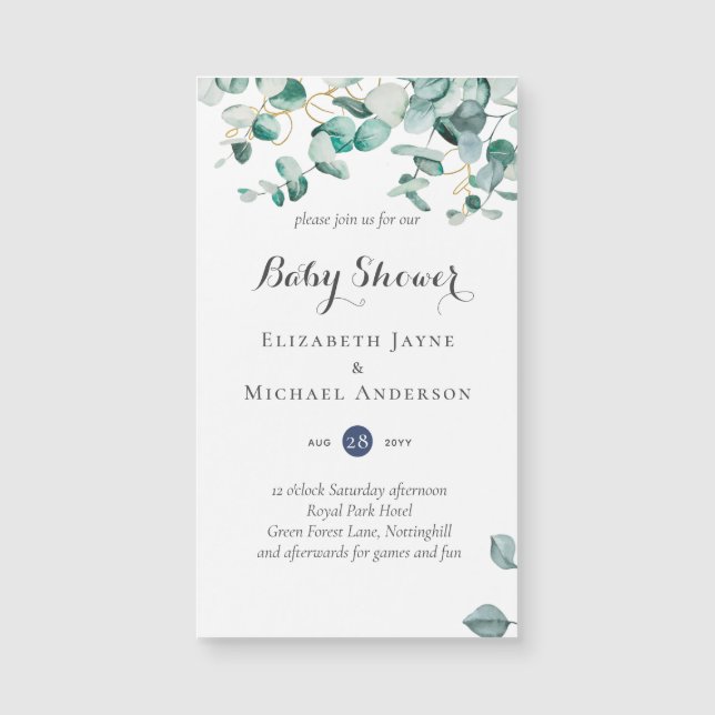 Dusty Blue Eucalyptus Greenery BABY SHOWER lädt ei Magnetkarte (Vorderseite)