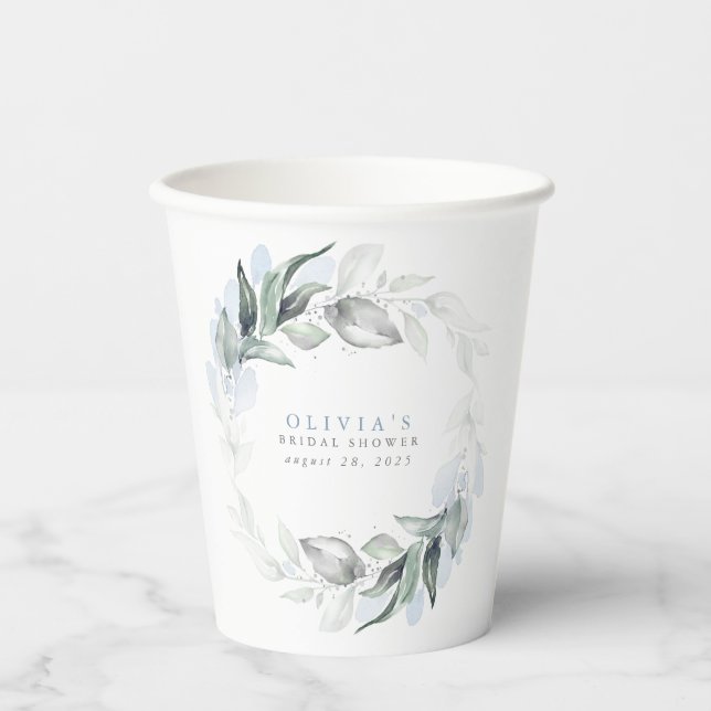 Dusty Blue Eucalyptus Greenery Boho Brautparty Pappbecher (Vorderseite)