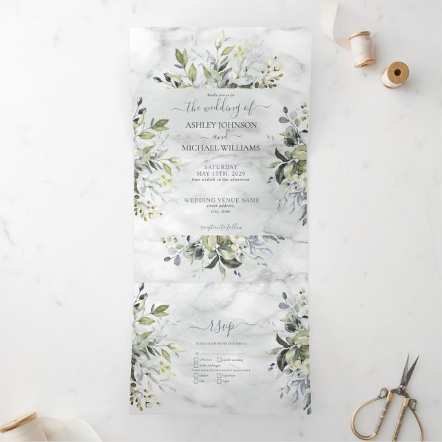Dusty Blue Eucalyptus Greenery Botanischer Marmor Dreifach Gefaltete Einladung (Innenseite)