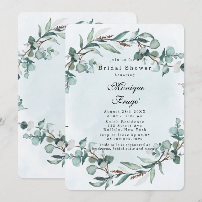 Dusty Blue Eucalyptus Greenery Brautparty Einladung (Vorne/Hinten)