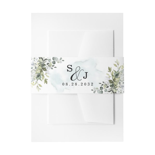 Dusty Blue Eucalyptus Greenery Succulent Wedding Einladungsbanderole (Vorderseite Beispiel)