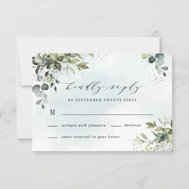 Dusty Blue Eucalyptus Greenery Succulent Wedding RSVP Karte (Vorderseite)