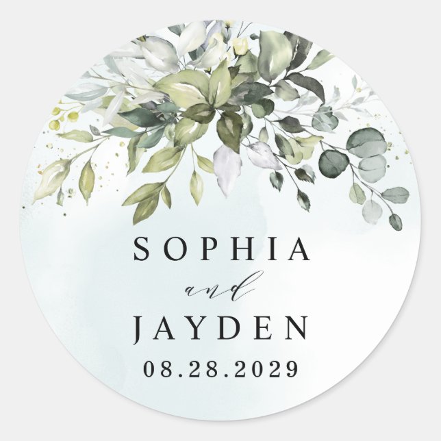Dusty Blue Eucalyptus Greenery Succulent Wedding Runder Aufkleber (Vorderseite)