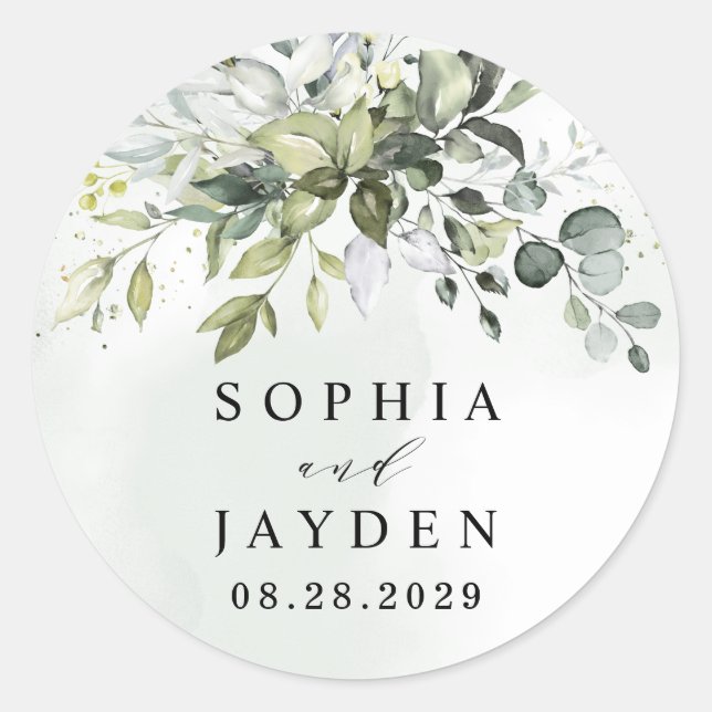 Dusty Blue Eucalyptus Greenery Succulent Wedding Runder Aufkleber (Vorderseite)