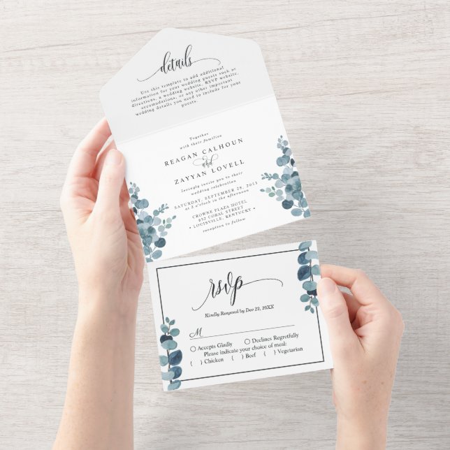Dusty Blue Eucalyptus Greenery Wedding All In One Einladung (Abreißen)